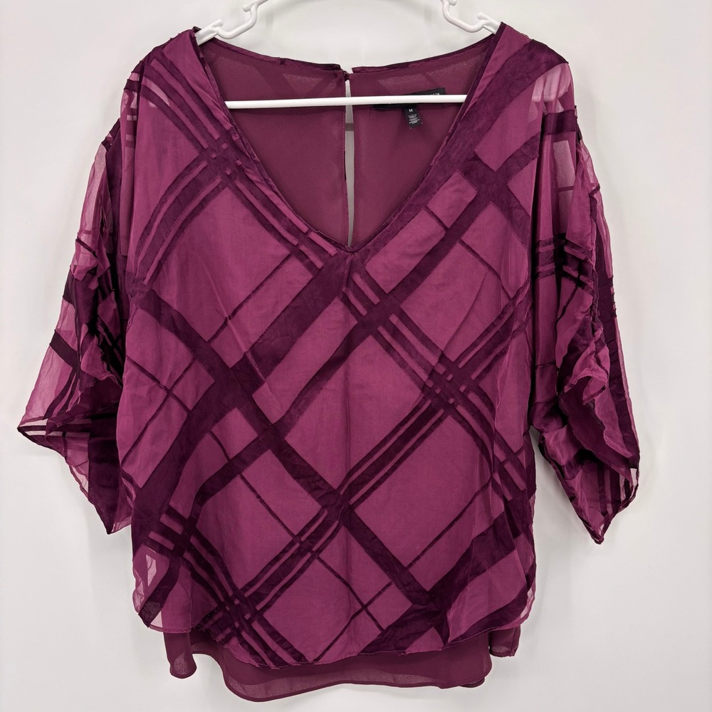 White House Black Market Blouse Womens M Purple Excellent Silk Burnout Plaid Top